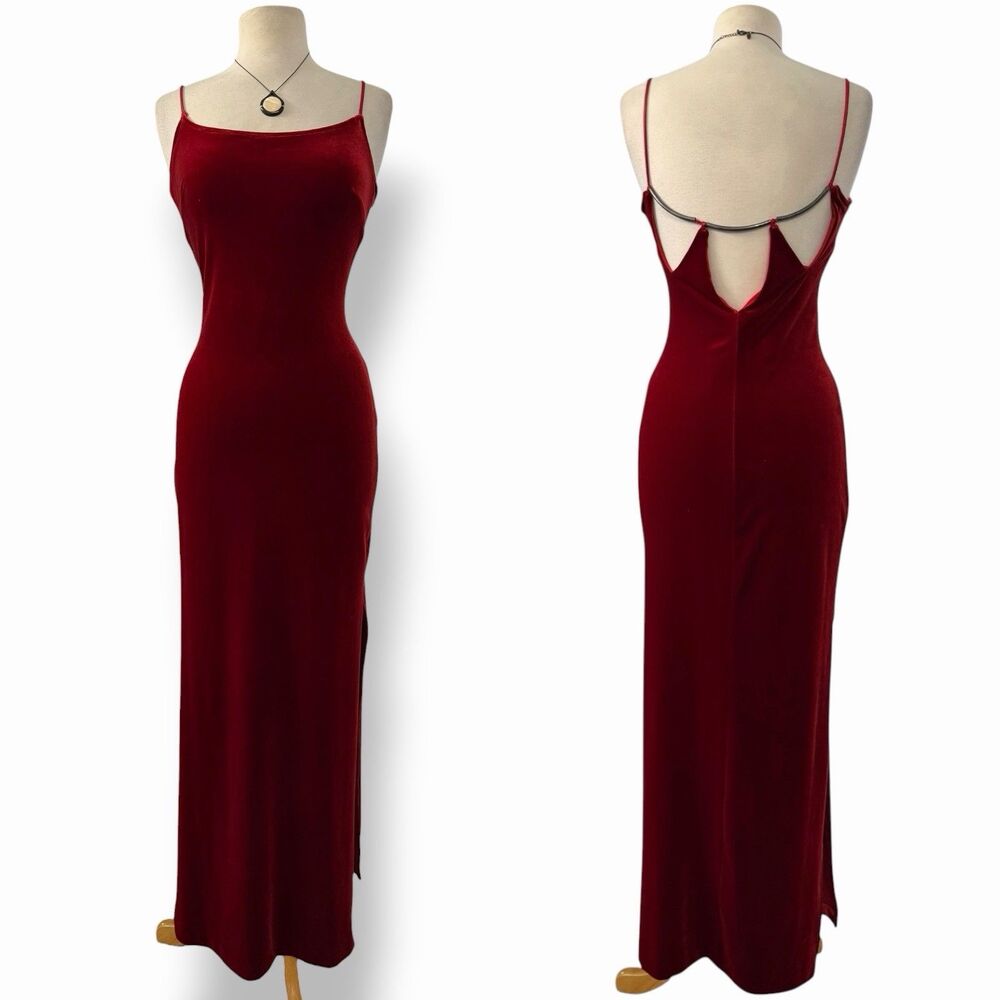 Vampy Whimsigoth VTG 90s Kiki USA Burgundy Red Velvet Metal Bar Back Maxi Dress